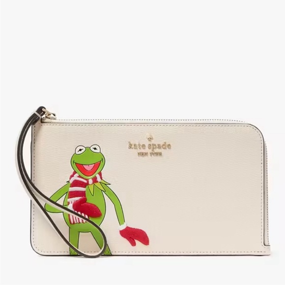♠️kate spade New York X Disney Muppets Kermit the Frog Medium L-Zip Wristlet NWT - Picture 1 of 12